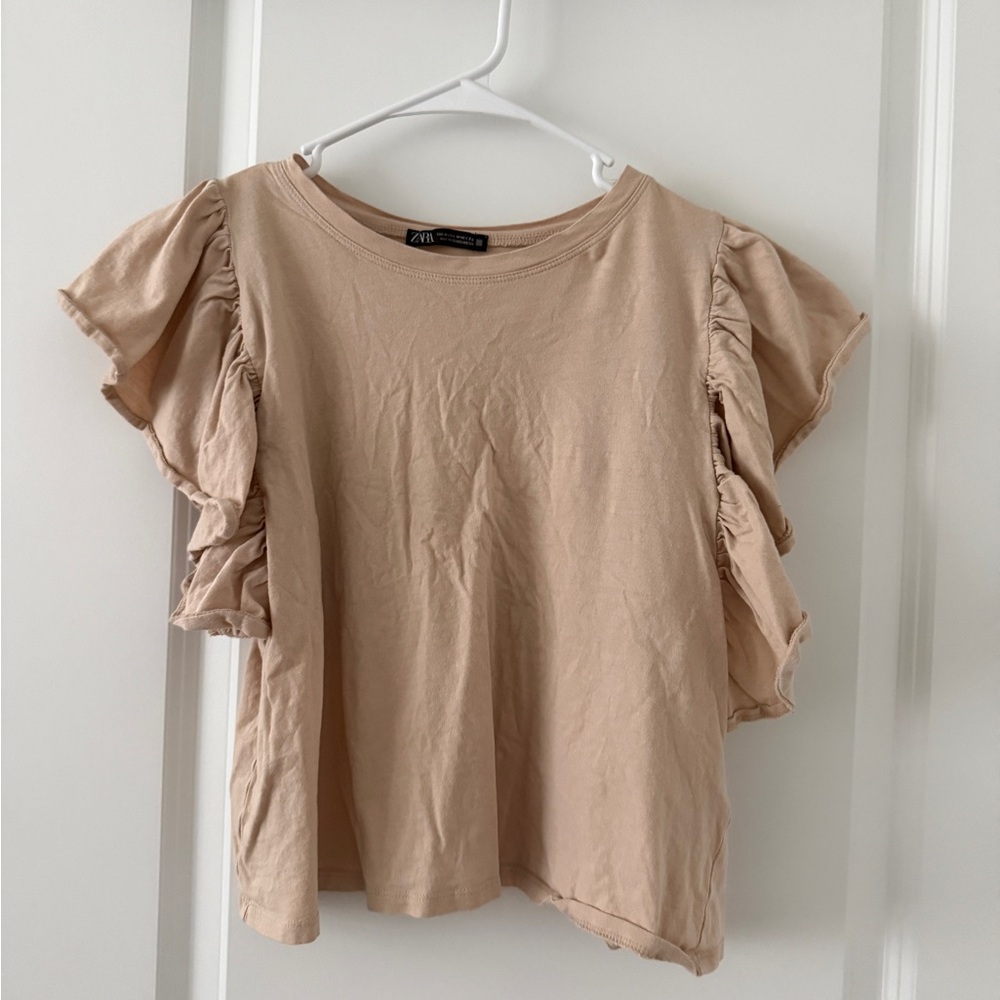 Zara Beige Ruffle Sleeve Short Sleeve Top